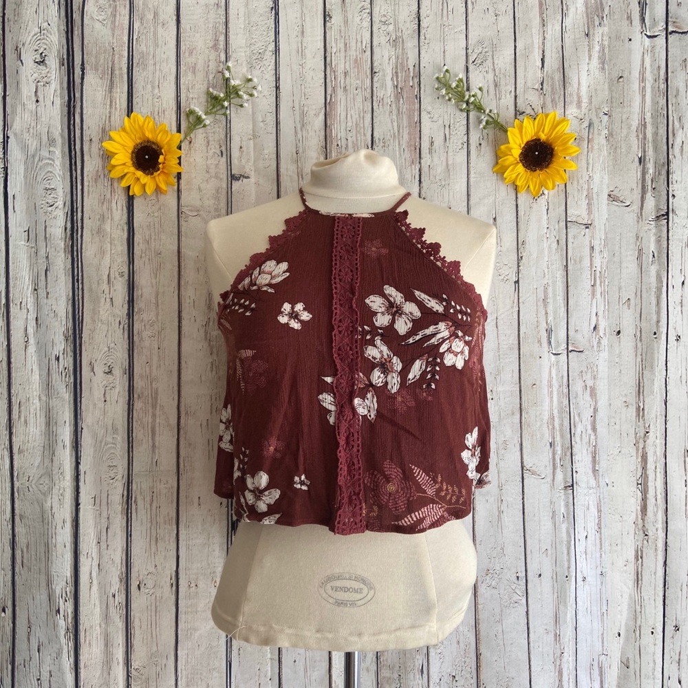 Kendall & Kylie burgundy floral halter top